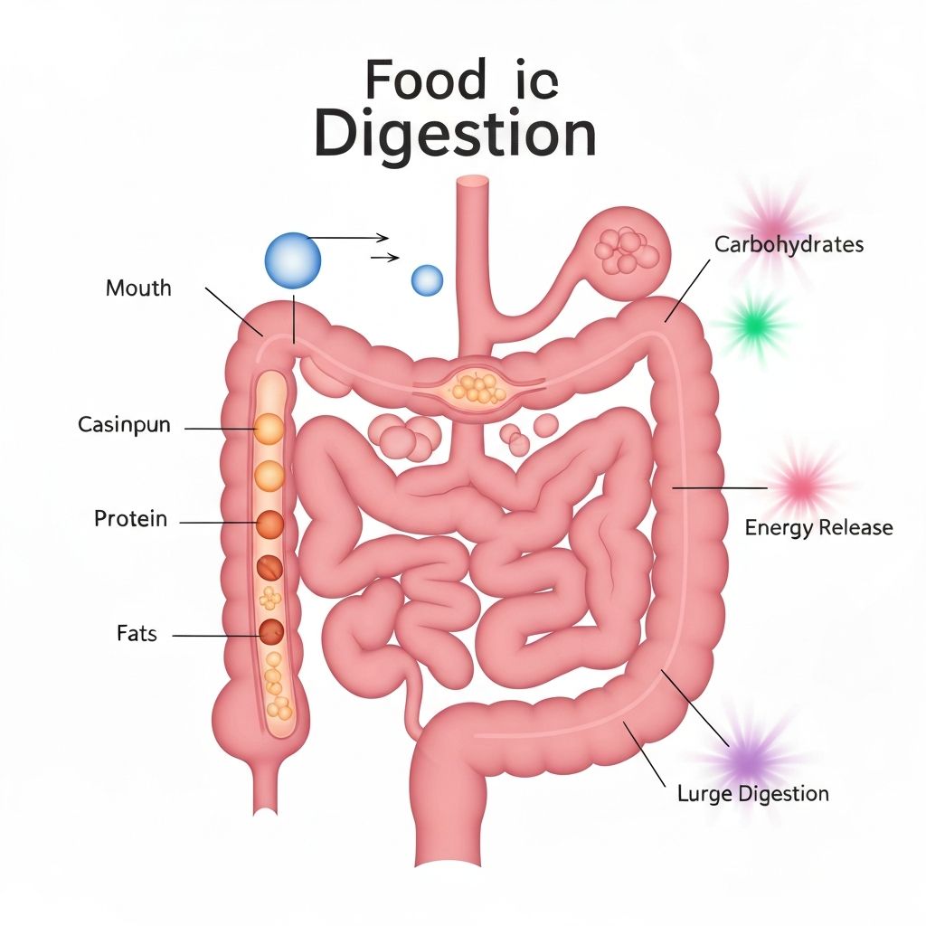 Illustration of food digestion process and energy utilization
